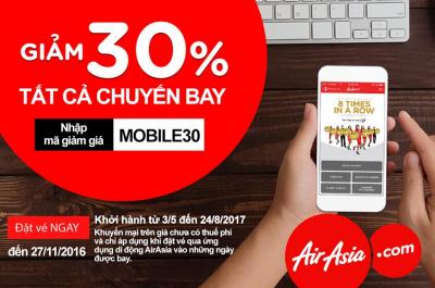 Nhập mã MOBILE30 để được giảm ngay 30% giá vé AirAsia